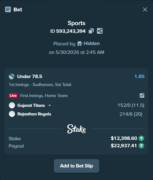 Bet slip: Gujarat Titans - Rajasthan Royals, $12,411.00 stake at 1.85 odds, placed by Hidden