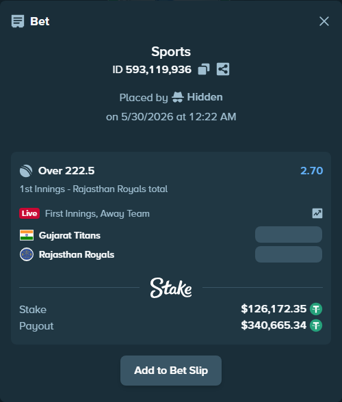 Bet slip: Gujarat Titans - Rajasthan Royals, $126,298.52 stake at 2.70 odds, placed by Hidden