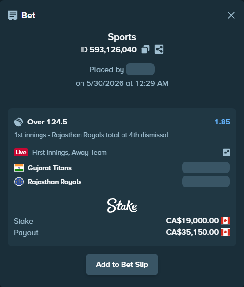 Bet slip: Gujarat Titans - Rajasthan Royals, $14,060.00 stake at 1.85 odds, placed by BHseh77