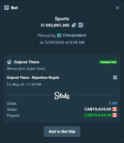 Bet slip: Gujarat Titans - Rajasthan Royals, $14,373.76 stake at 2.00 odds, placed by Chinujaatjind