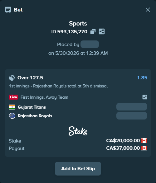 Bet slip: Gujarat Titans - Rajasthan Royals, $14,800.00 stake at 1.85 odds, placed by BHseh77