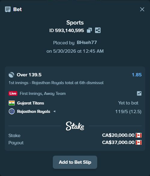 Bet slip: Gujarat Titans - Rajasthan Royals, $14,800.00 stake at 1.85 odds, placed by BHseh77