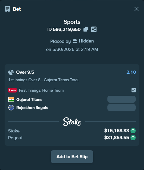 Bet slip: Gujarat Titans - Rajasthan Royals, $15,184.00 stake at 2.10 odds, placed by Hidden