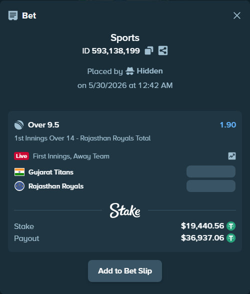 Bet slip: Gujarat Titans - Rajasthan Royals, $19,460.00 stake at 1.90 odds, placed by Hidden