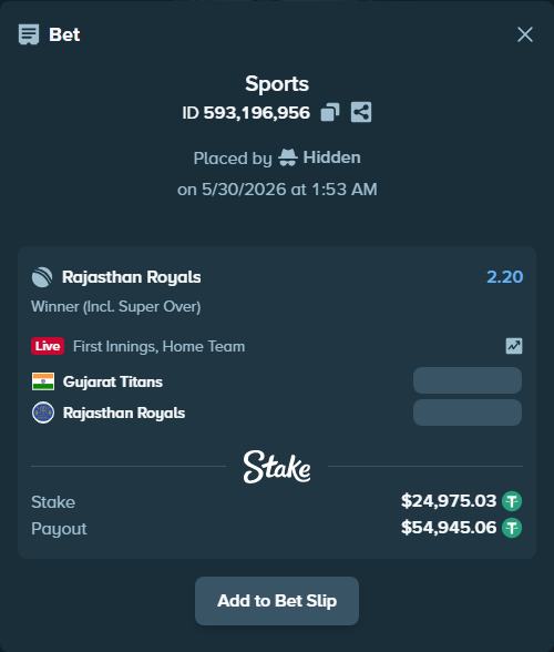 Bet slip: Gujarat Titans - Rajasthan Royals, $25,000.00 stake at 2.20 odds, placed by Hidden