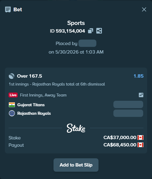 Bet slip: Gujarat Titans - Rajasthan Royals, $27,380.00 stake at 1.85 odds, placed by BHseh77