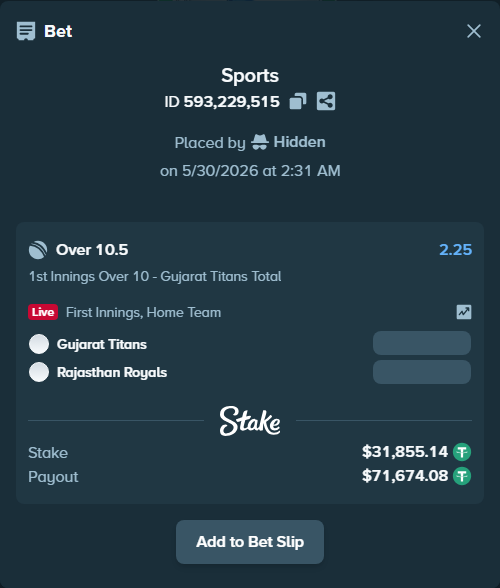 Bet slip: Gujarat Titans - Rajasthan Royals, $31,887.00 stake at 2.25 odds, placed by Hidden
