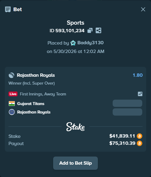 Bet slip: Gujarat Titans - Rajasthan Royals, $36,900.60 stake at 1.80 odds, placed by Baddy3130