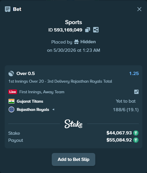 Bet slip: Gujarat Titans - Rajasthan Royals, $44,112.00 stake at 1.25 odds, placed by Hidden