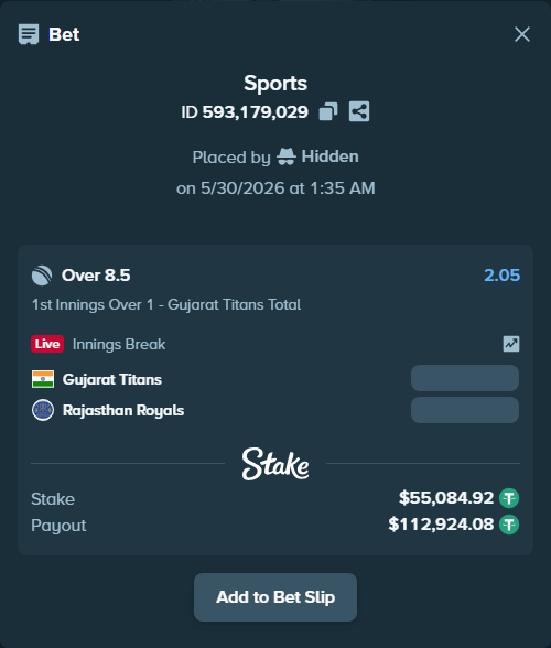 Bet slip: Gujarat Titans - Rajasthan Royals, $55,140.00 stake at 2.05 odds, placed by Hidden