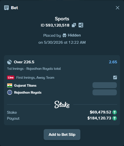 Bet slip: Gujarat Titans - Rajasthan Royals, $69,549.00 stake at 2.65 odds, placed by Hidden