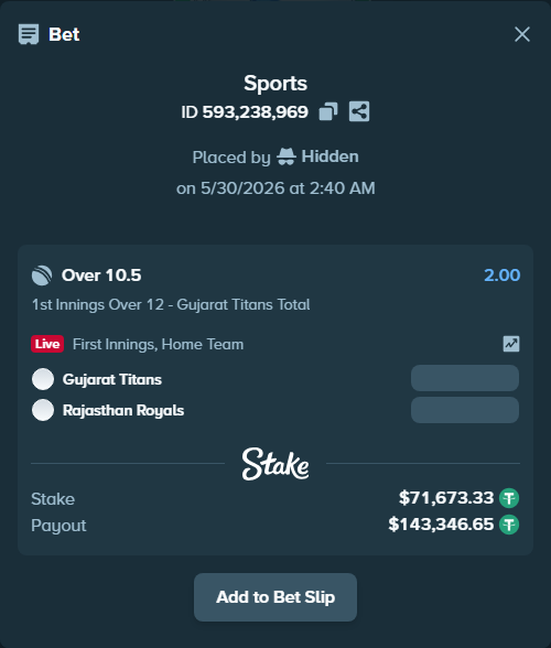 Bet slip: Gujarat Titans - Rajasthan Royals, $71,745.00 stake at 2.00 odds, placed by Hidden
