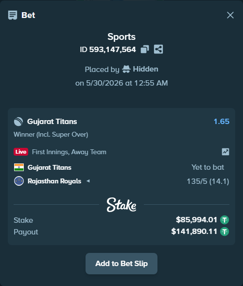 Bet slip: Gujarat Titans - Rajasthan Royals, $86,080.00 stake at 1.65 odds, placed by Hidden
