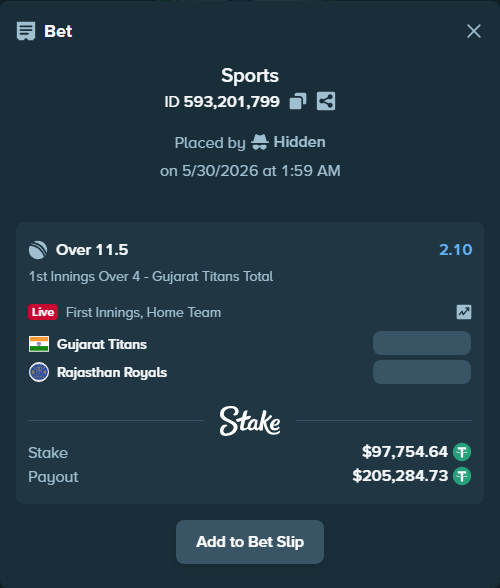 Bet slip: Gujarat Titans - Rajasthan Royals, $97,852.39 stake at 2.10 odds, placed by Hidden