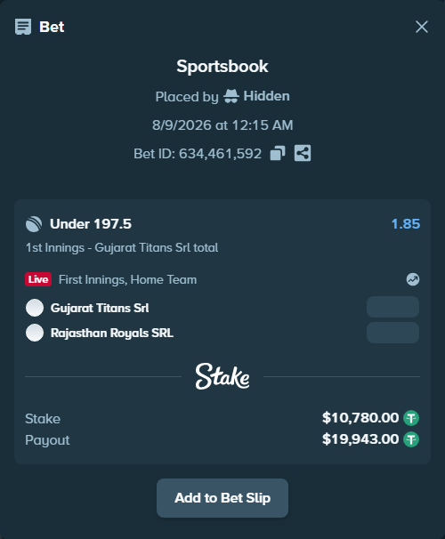 Bet slip: Gujarat Titans SRL - Rajasthan Royals SRL, $10,790.78 stake at 1.85 odds, placed by Hidden