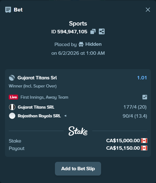 Bet slip: Gujarat Titans SRL - Rajasthan Royals SRL, $11,100.00 stake at 1.01 odds, placed by Hidden