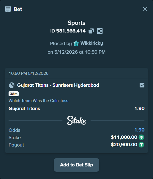 Bet slip: Gujarat Titans - Sunrisers Hyderabad, $11,000.00 stake at 1.90 odds, placed by Wikkiricky