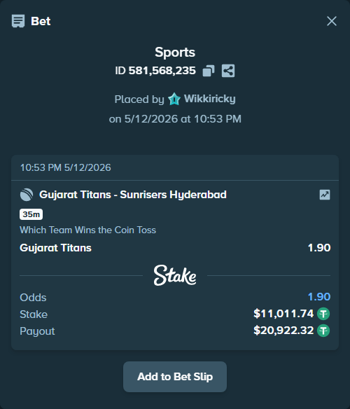 Bet slip: Gujarat Titans - Sunrisers Hyderabad, $11,011.74 stake at 1.90 odds, placed by Wikkiricky