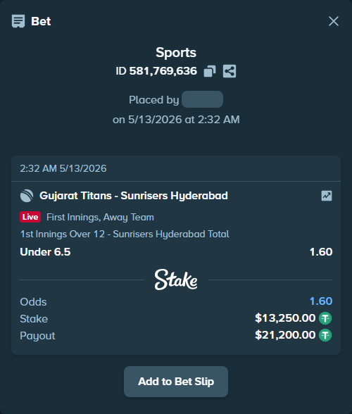 Bet slip: Gujarat Titans - Sunrisers Hyderabad, $13,250.00 stake at 1.60 odds, placed by Rezaul1098