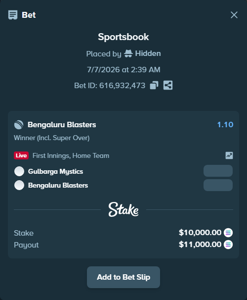 Bet slip: Gulbarga Mystics - Bengaluru Blasters, $9,997.90 stake at 1.10 odds, placed by Hidden