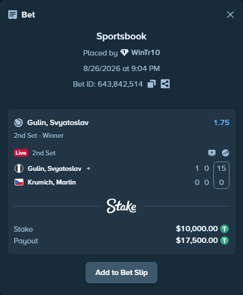 Bet slip: Gulin, Svyatoslav - Krumich, Martin, $10,000.00 stake at 1.75 odds, placed by WinTr10