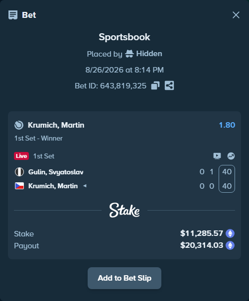 Bet slip: Gulin, Svyatoslav - Krumich, Martin, $11,317.56 stake at 1.80 odds, placed by Hidden