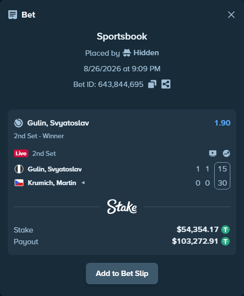 Bet slip: Gulin, Svyatoslav - Krumich, Martin, $54,354.17 stake at 1.90 odds, placed by Hidden