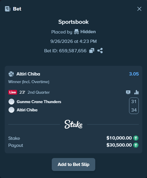 Bet slip: Gunma Crane Thunders - Altiri Chiba, $10,000.00 stake at 3.05 odds, placed by Hidden