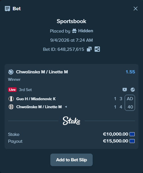 Bet slip: Guo H / Mladenovic K - Chwalinska M / Linette M, $10,800.00 stake at 1.55 odds, placed by Hidden