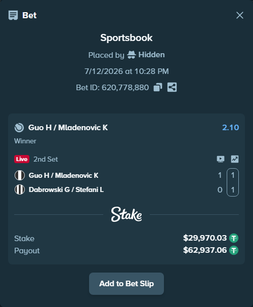 Bet slip: Guo H / Mladenovic K - Dabrowski G / Stefani L, $30,000.00 stake at 2.10 odds, placed by Hidden
