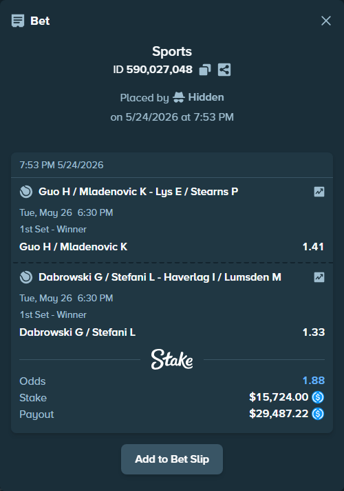 Bet slip: Guo H / Mladenovic K - Lys E / Stearns P, $15,724.00 stake at 1.41 odds, placed by Hidden