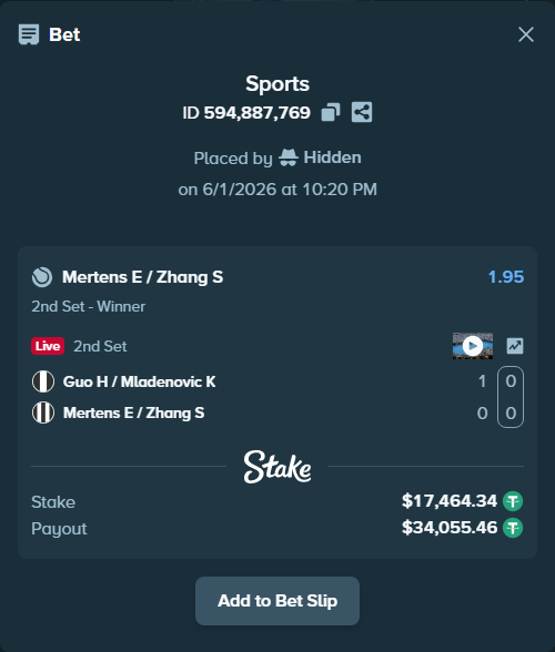 Bet slip: Guo H / Mladenovic K - Mertens E / Zhang S, $17,481.80 stake at 1.95 odds, placed by Hidden