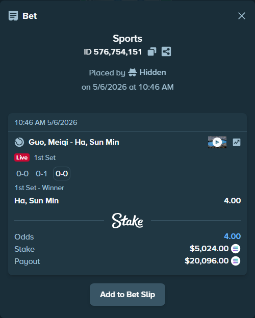 Bet slip: Guo, Meiqi - Ha, Sun Min, $4,277.24 stake at 4.00 odds, placed by Hidden
