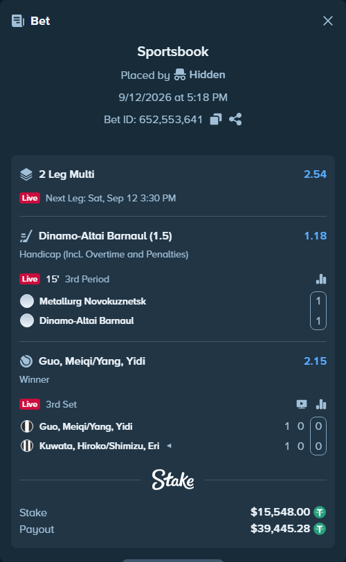 Bet slip: Guo, Meiqi/Yang, Yidi - Kuwata, Hiroko/Shimizu, Eri, $15,548.00 stake at 2.15 odds, placed by Hidden