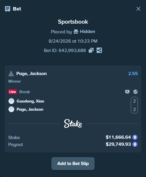Bet slip: Guodong, Xiao - Page, Jackson, $11,542.25 stake at 2.55 odds, placed by Hidden