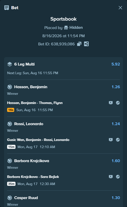 Bet slip: Gusic Wan, Benjamin - Rossi, Leonardo, $10,000.00 stake at 1.24 odds, placed by Hidden