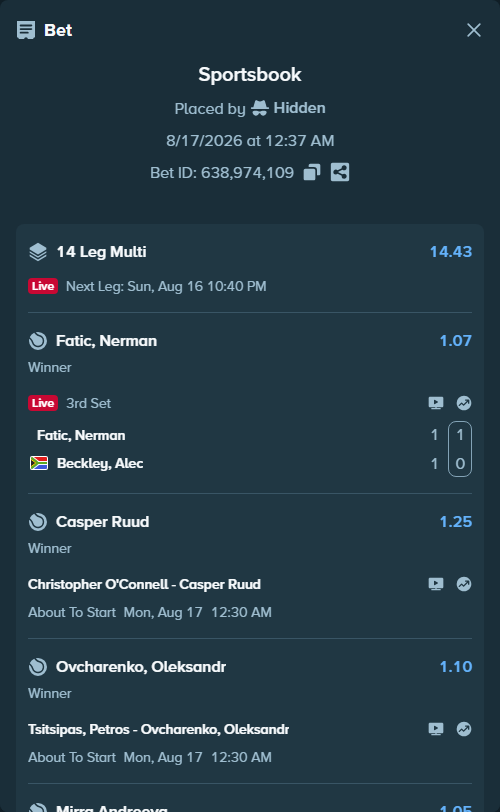 Bet slip: Gusic Wan, Benjamin - Rossi, Leonardo, $13,640.32 stake at 1.25 odds, placed by Hidden