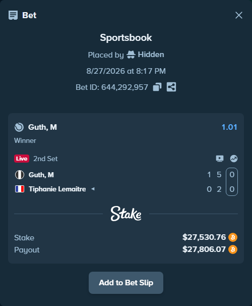 Bet slip: Guth, M - Tiphanie Lemaitre, $27,514.40 stake at 1.01 odds, placed by Hidden