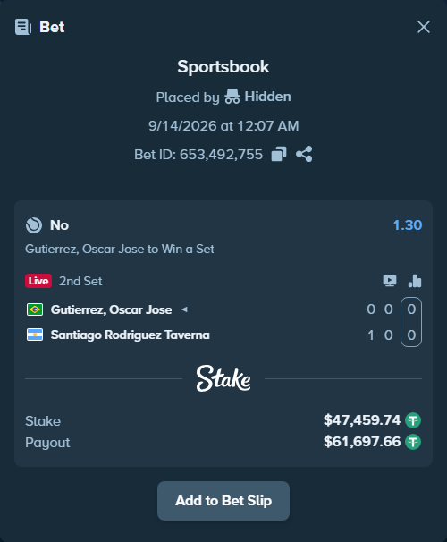 Bet slip: Gutierrez, Oscar Jose - Santiago Rodriguez Taverna, $47,440.75 stake at 1.30 odds, placed by Hidden