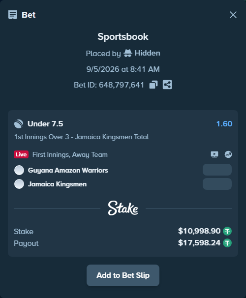 Bet slip: Guyana Amazon Warriors - Jamaica Kingsmen, $10,996.70 stake at 1.60 odds, placed by Hidden