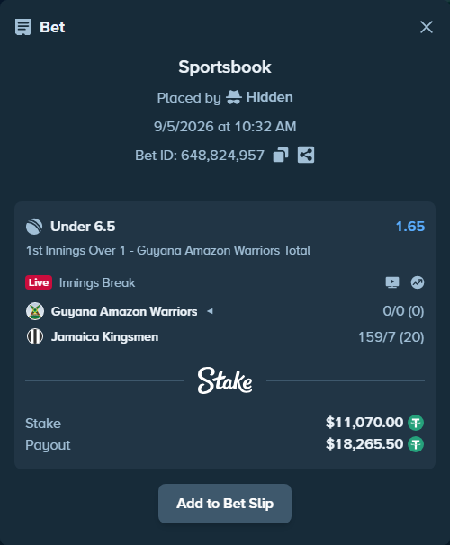 Bet slip: Guyana Amazon Warriors - Jamaica Kingsmen, $11,067.79 stake at 1.65 odds, placed by Hidden