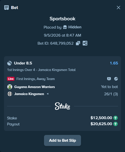 Bet slip: Guyana Amazon Warriors - Jamaica Kingsmen, $12,497.50 stake at 1.65 odds, placed by Hidden