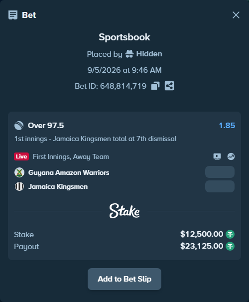 Bet slip: Guyana Amazon Warriors - Jamaica Kingsmen, $12,497.50 stake at 1.85 odds, placed by Hidden