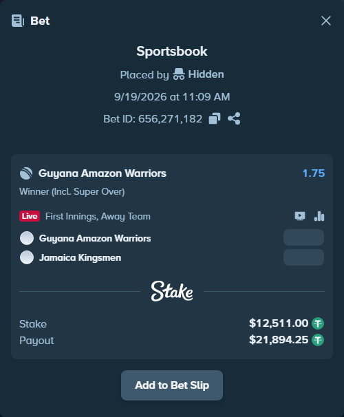 Bet slip: Guyana Amazon Warriors - Jamaica Kingsmen, $12,511.00 stake at 1.75 odds, placed by Hidden