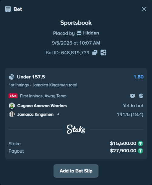 Bet slip: Guyana Amazon Warriors - Jamaica Kingsmen, $15,496.90 stake at 1.80 odds, placed by Hidden