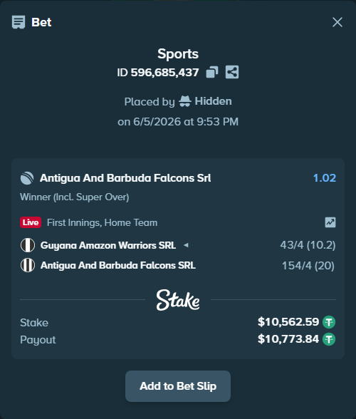 Bet slip: Guyana Amazon Warriors SRL - Antigua And Barbuda Falcons SRL, $10,573.15 stake at 1.02 odds, placed by Hidden