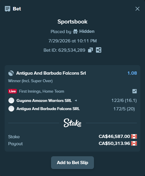 Bet slip: Guyana Amazon Warriors SRL - Antigua And Barbuda Falcons SRL, $34,474.38 stake at 1.08 odds, placed by Hidden