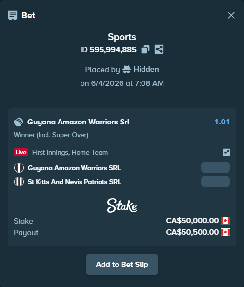 Bet slip: Guyana Amazon Warriors SRL - St Kitts And Nevis Patriots SRL, $37,000.00 stake at 1.01 odds, placed by Hidden
