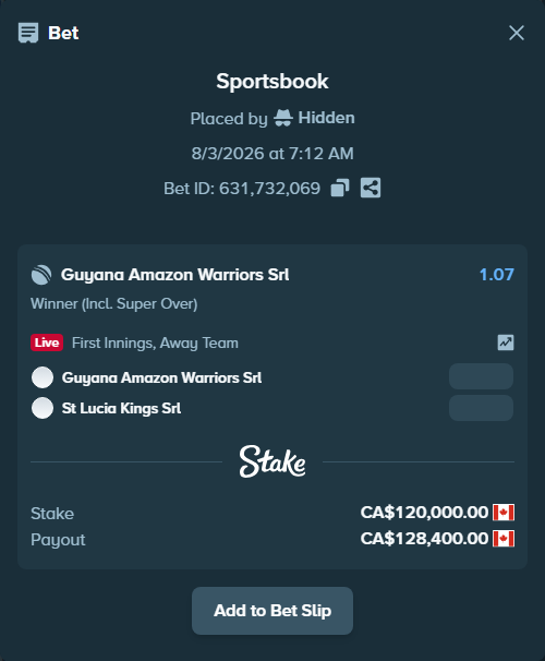 Bet slip: Guyana Amazon Warriors SRL - St Lucia Kings SRL, $88,800.00 stake at 1.07 odds, placed by Hidden