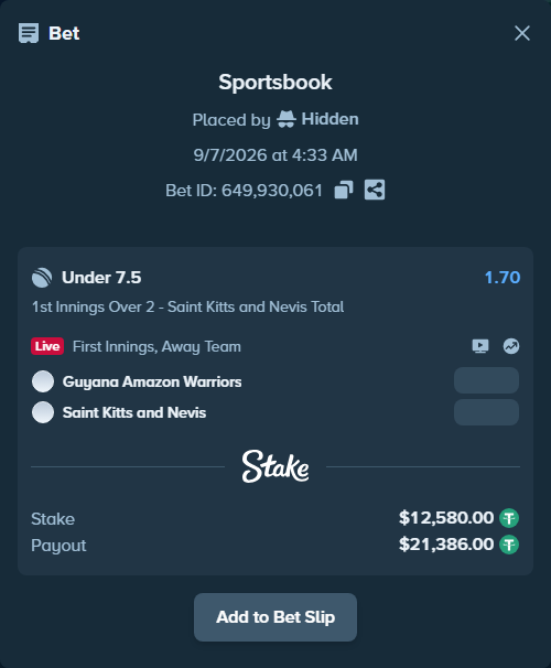 Bet slip: Guyana Amazon Warriors - St. Kitts and Nevis Patriots, $12,578.74 stake at 1.70 odds, placed by Hidden